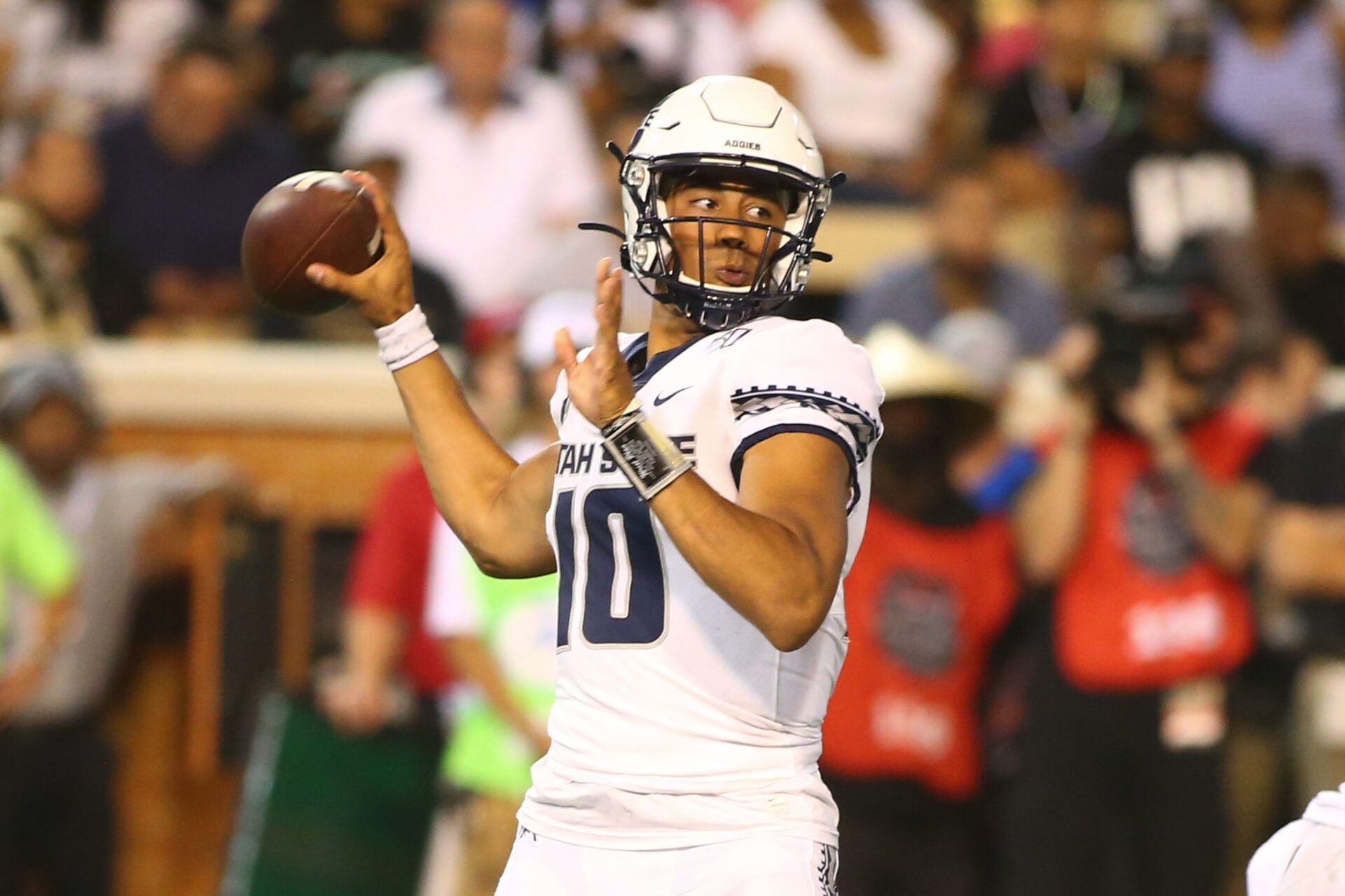 Utah State Aggies quarterback Jordan Love (10) looks to pass the ball during the third quarter against the Wake Forest Demon Deacons at BB&T Field.