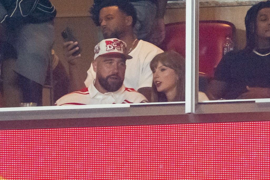 Travis Kelce and Taylor Swift during the third quarter between the Cincinnati Bearcats and the Nebraska Cornhuskers at GEHA Field at Arrowhead Stadium.