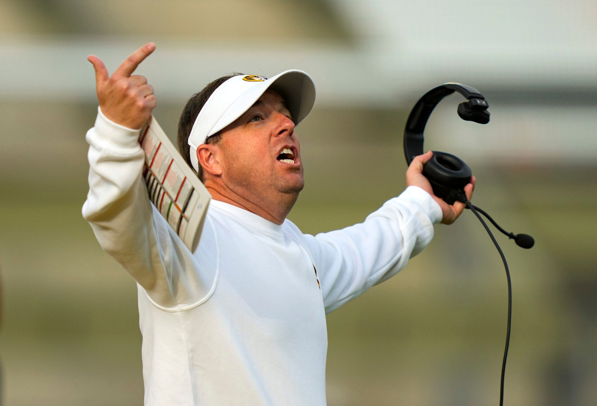 Missouri Tigers head coach Eli Drinkwitz reacts during the first half against the Texas A&M Aggies at Faurot Field at Memorial Stadium.