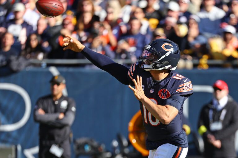 Chicago Bears quarterback Caleb Williams (18) drops back to pass against the Pittsburgh Steelers during the second half at Soldier Field.