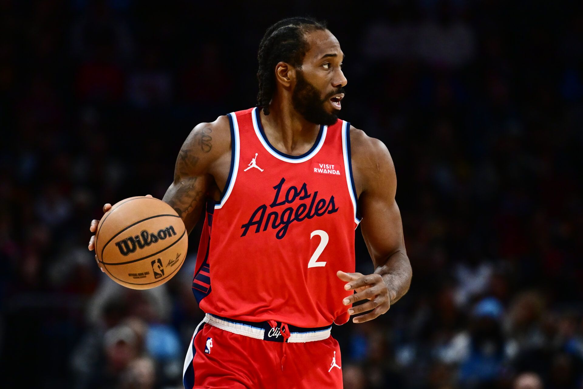 Los Angeles Clippers forward Kawhi Leonard (2) brings the ball up court against the Cleveland Cavaliers during the second half at Rocket Arena.