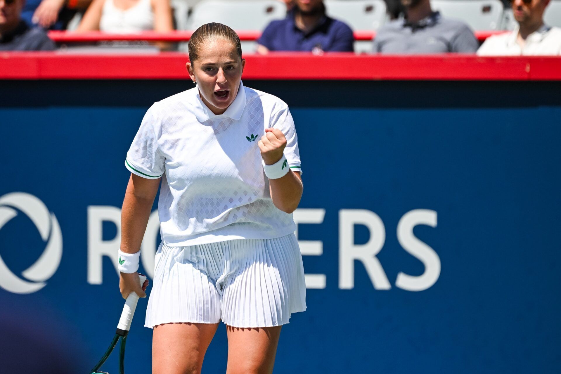 Montreal, QC, Canada; Jelena Ostapenko (LAT) reacts after winning a point against Naomi Osaka (JPN) in third round play at IGA Stadium.
