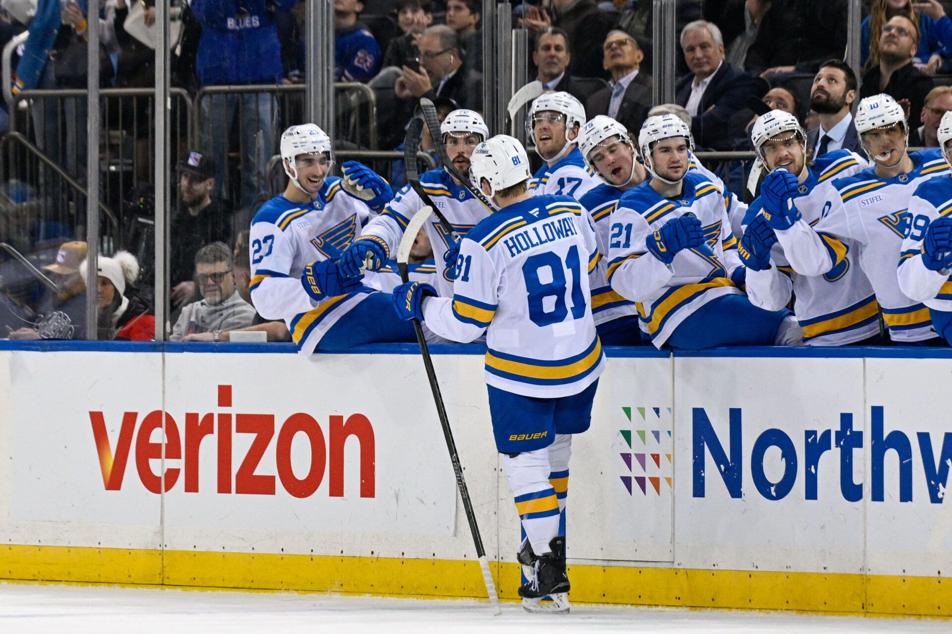 St. Louis Blues left wing Dylan Holloway (81) celebrates his goal against the New York Rangers during the first period at Madison Square Garden.