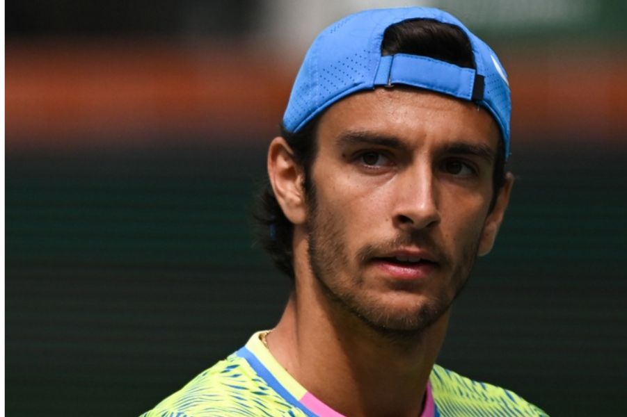 Lorenzo Musetti (ITA) reacts after winning a point in his third round match against Holger Rune (DEN) during the BNP Paribas Open at Indian Wells Tennis Garden.