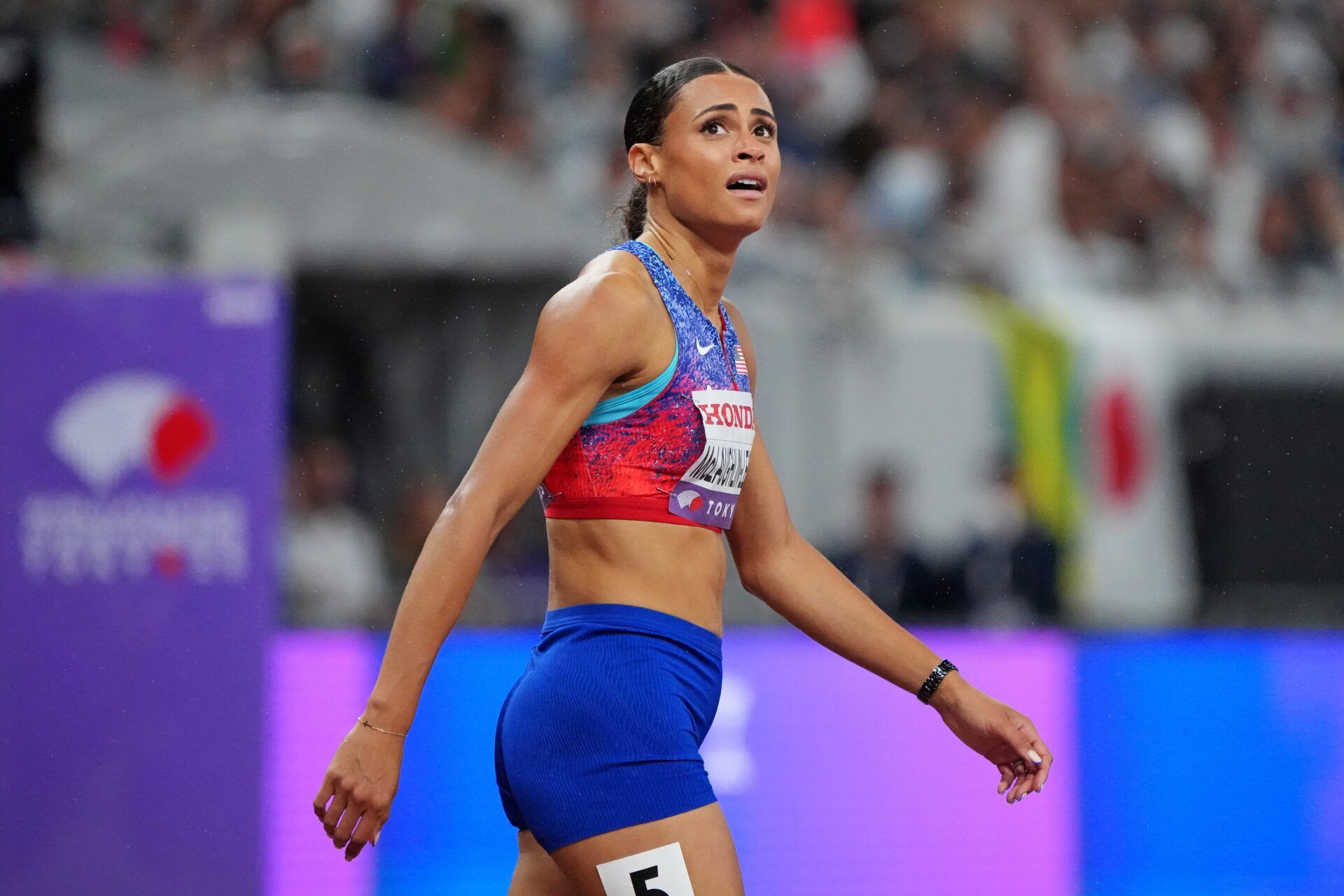 Sydney Mclaughlin-Levrone (USA) celebrates after winning the gold medal in the womens 400m during the World Athletics Championships at National Stadium.