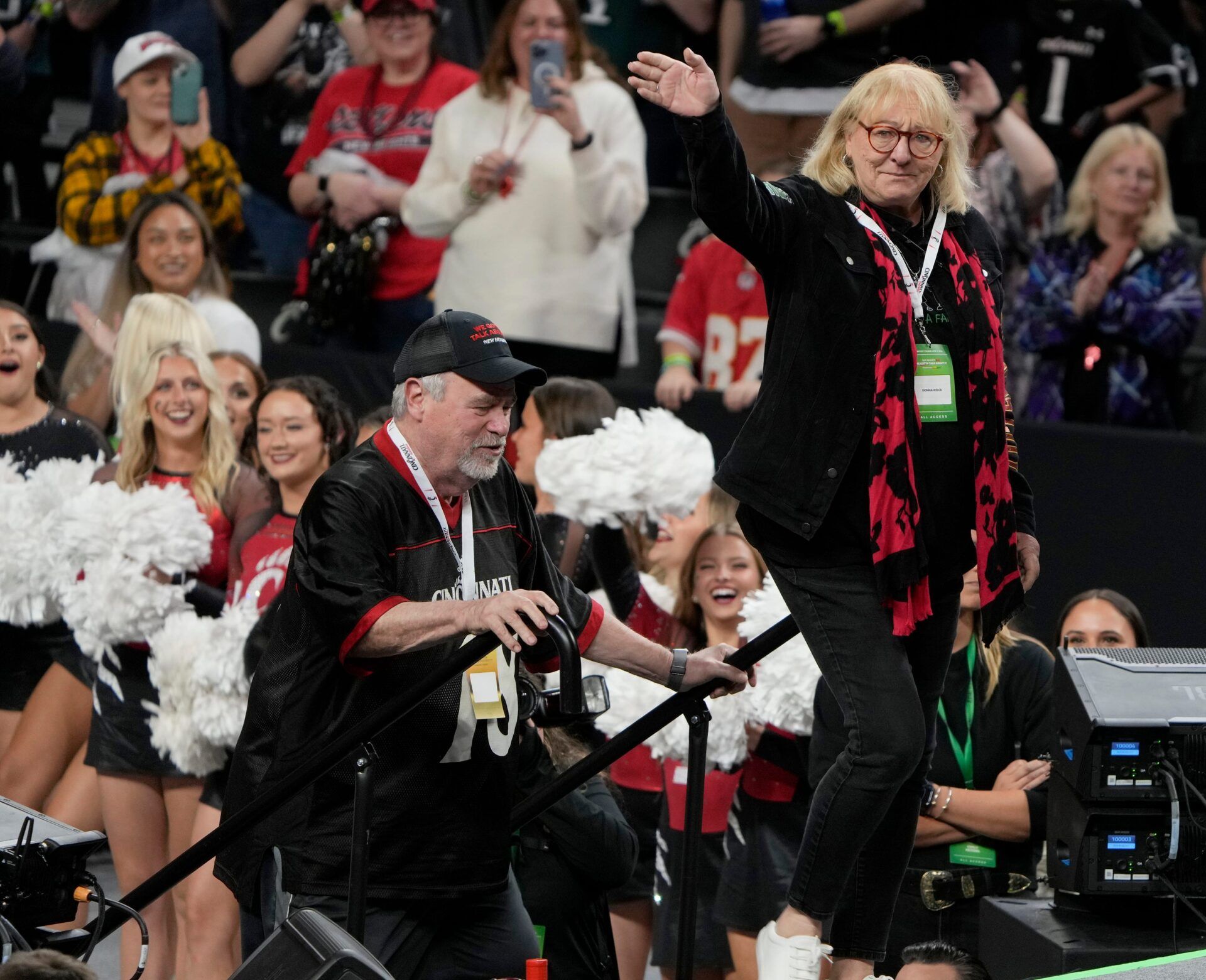 Donna Kelce and Ed Kelce Jason Kelce parents of Jason and Travis Kelce take the stage before their sons a presented with diplomas at their alma mater, University of Cincinnati Thursday, April 8, 2024. The brothers both earned degrees but never participated in graduation ceremonies.