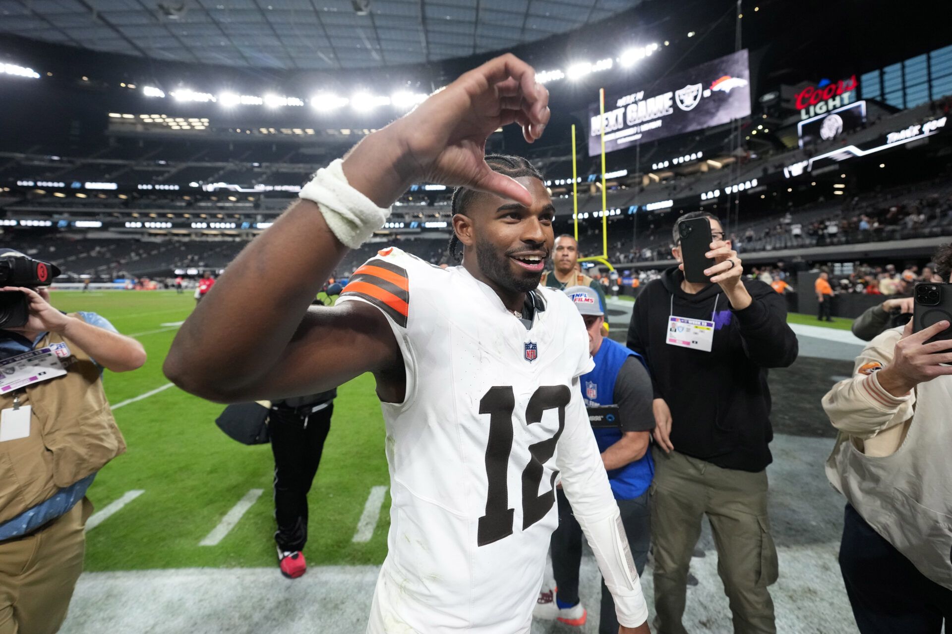 Cleveland Browns quarterback Shedeur Sanders (12) reacts at the end of the game against the Las Vegas Raiders at Allegiant Stadium.