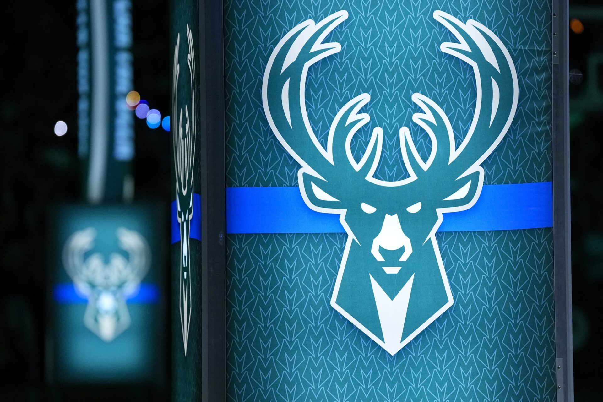 General view of a Milwaukee Bucks logo on display during player announcements prior to the game against the Los Angeles Lakers at Fiserv Forum.
