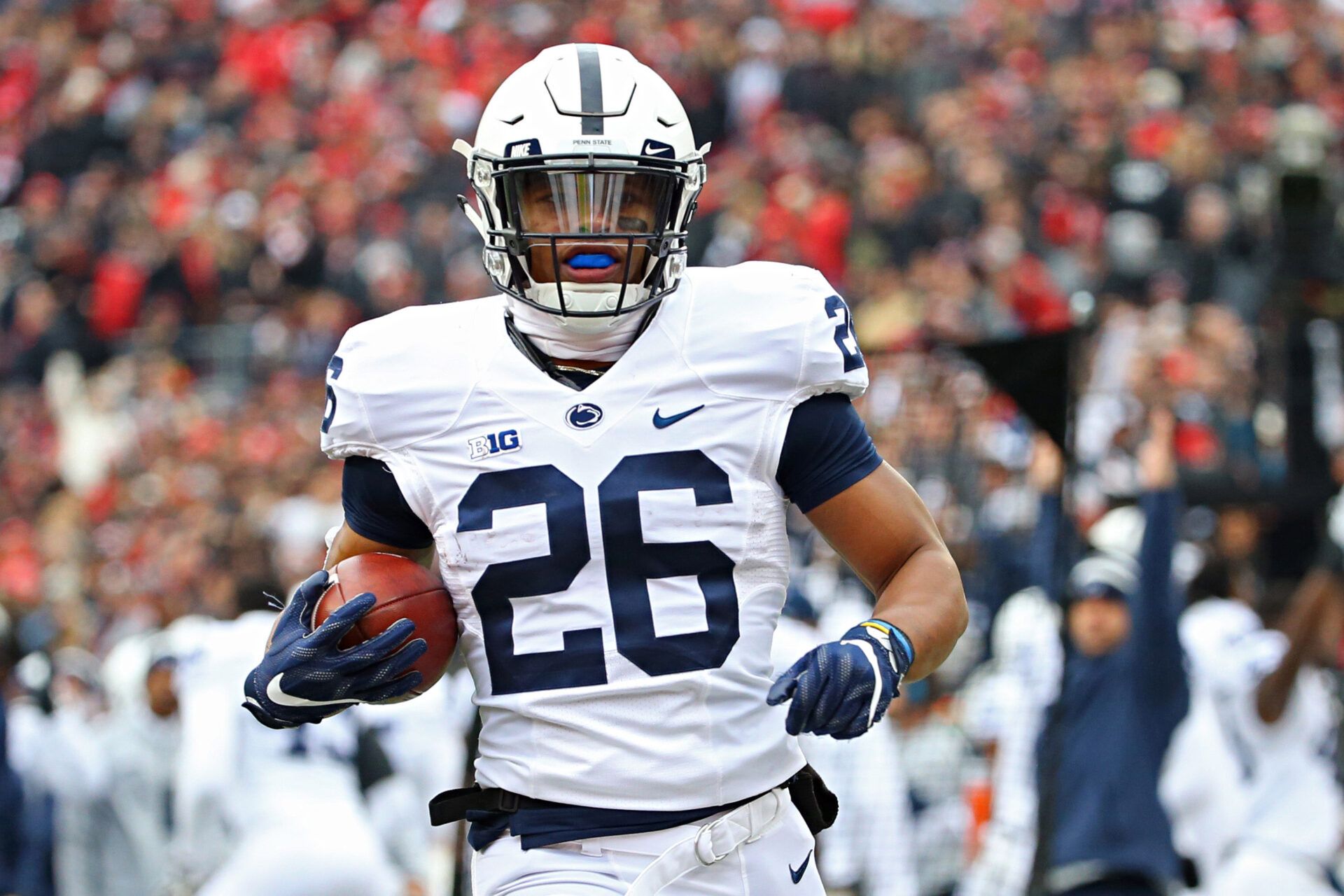 Penn State Nittany Lions running back Saquon Barkley (26) scores a touchdown on a kick return in the first half at Ohio Stadium.