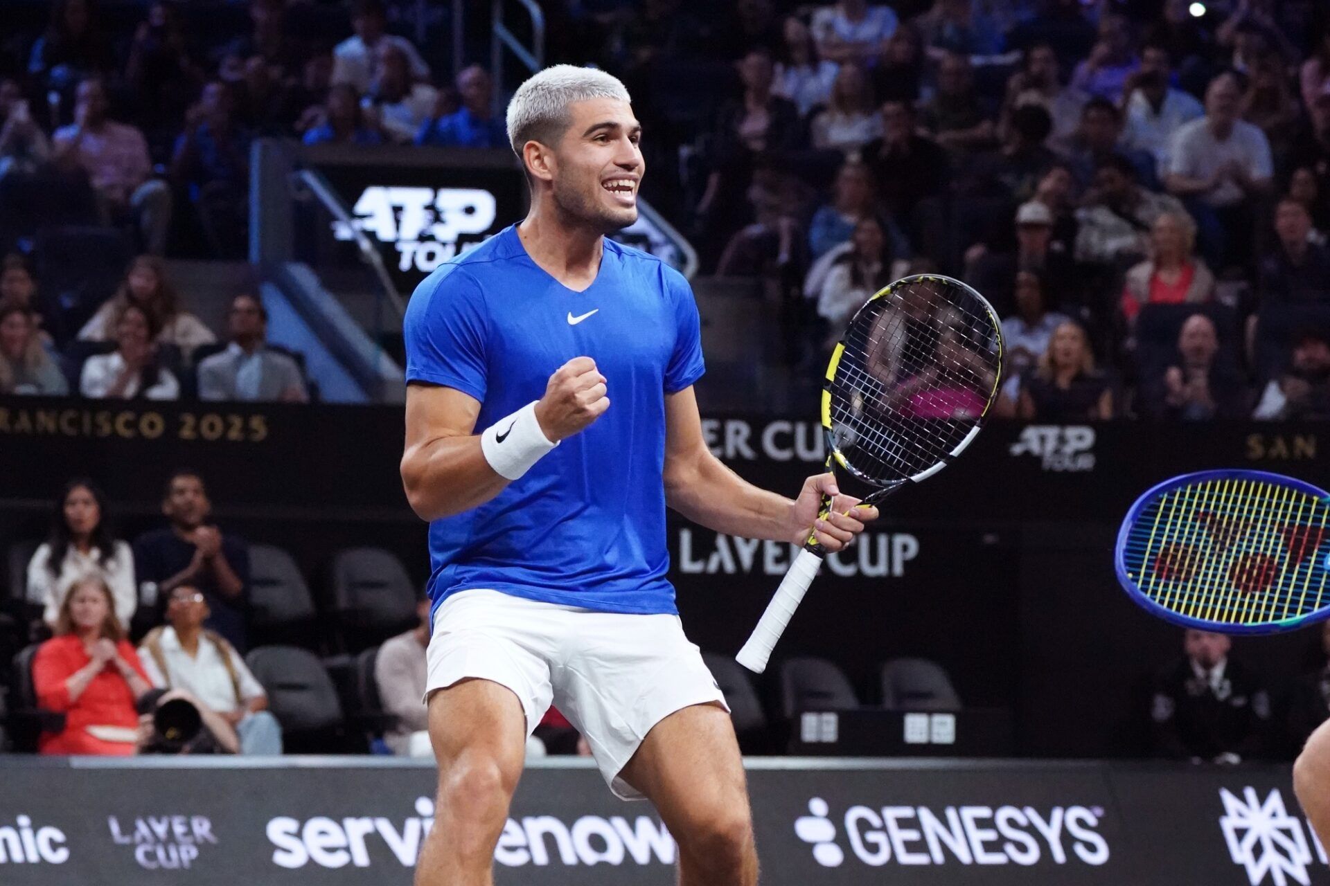 Team Europe player Carlos Alcaraz celebrates match point in his doubles match against Team World at the Laver Cup at Chase Center.