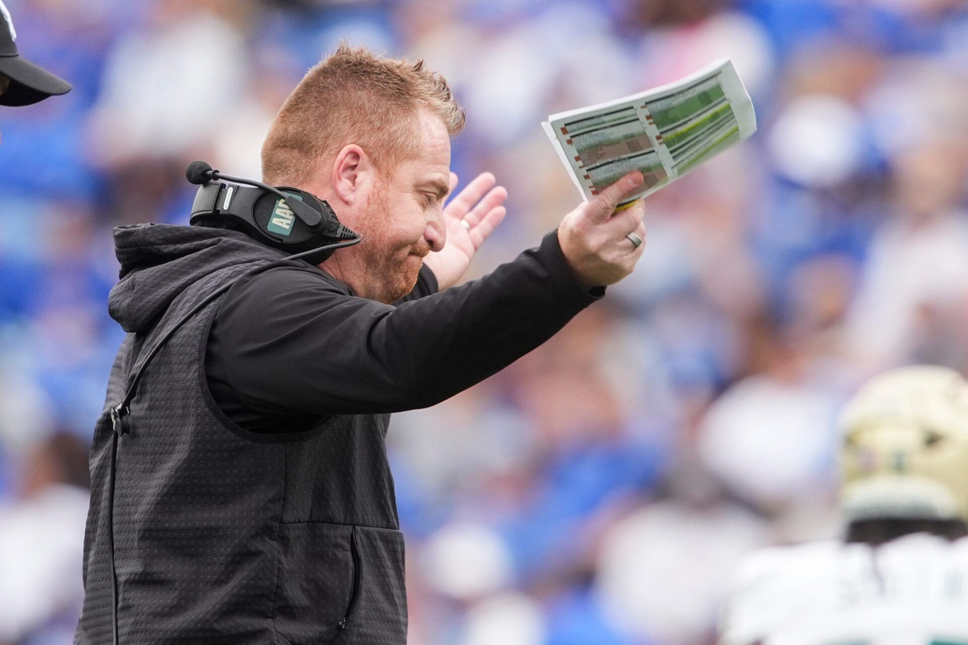 South Florida's head coach Alex Golesh reacts to Memphis fans booing him during the game between USF and Memphis at Simmons Bank Liberty Stadium in Memphis, Tenn., on October 25, 2025.