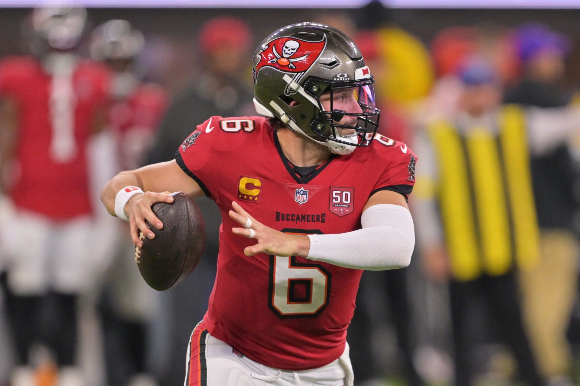 Tampa Bay Buccaneers quarterback Baker Mayfield (6) looks to pass the ball against the Los Angeles Rams during the second quarter at SoFi Stadium.