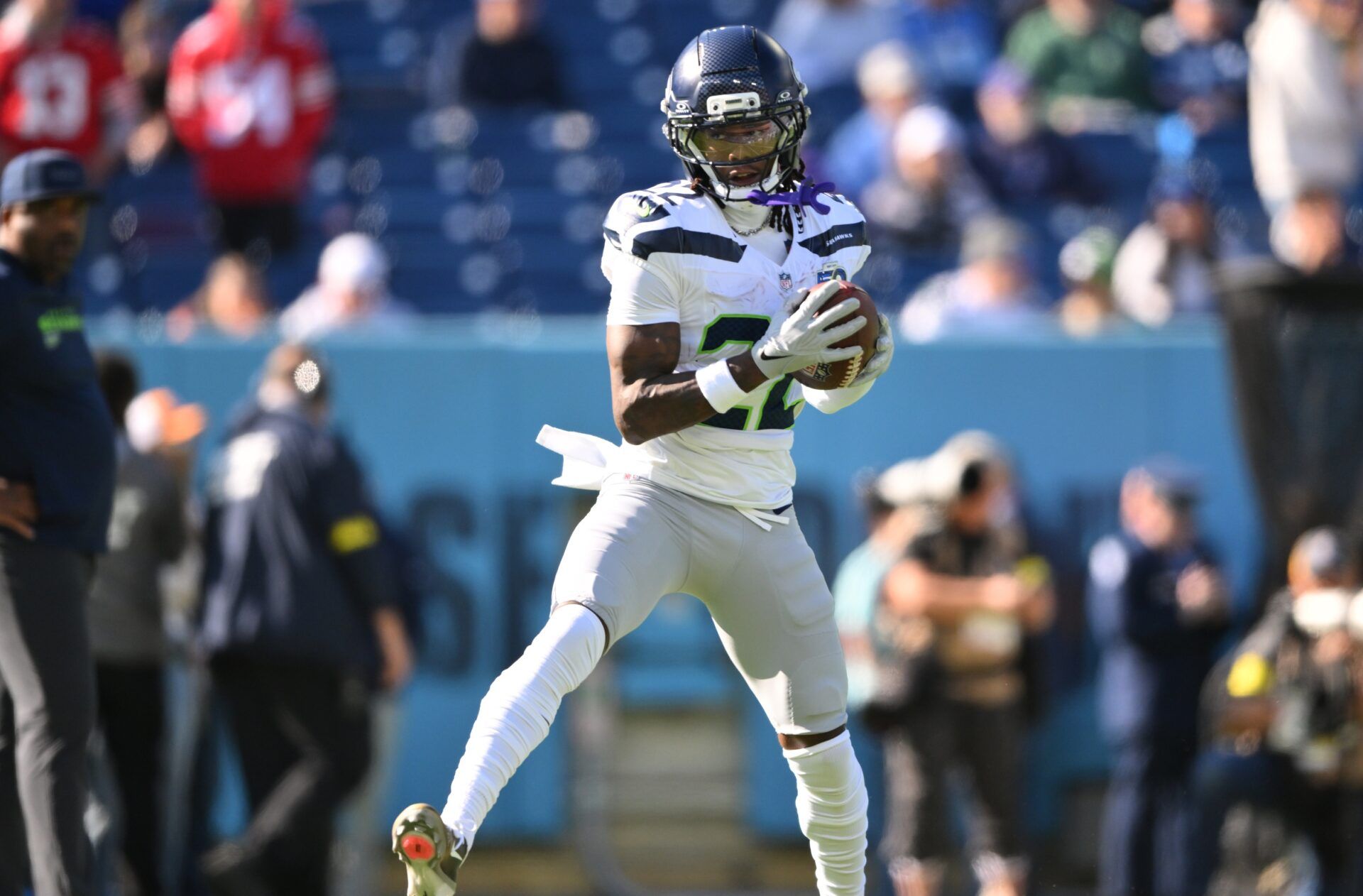 Seattle Seahawks wide receiver Rashid Shaheed (22) warms up before a game against the Tennessee Titans at Nissan Stadium.