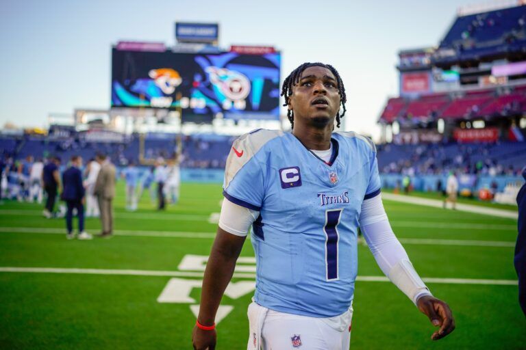 Tennessee Titans quarterback Cam Ward (1) exits the field after the game against the Seattle Seahawks at Nissan Stadium in Nashville, Tenn., Sunday, Nov. 23, 2025.