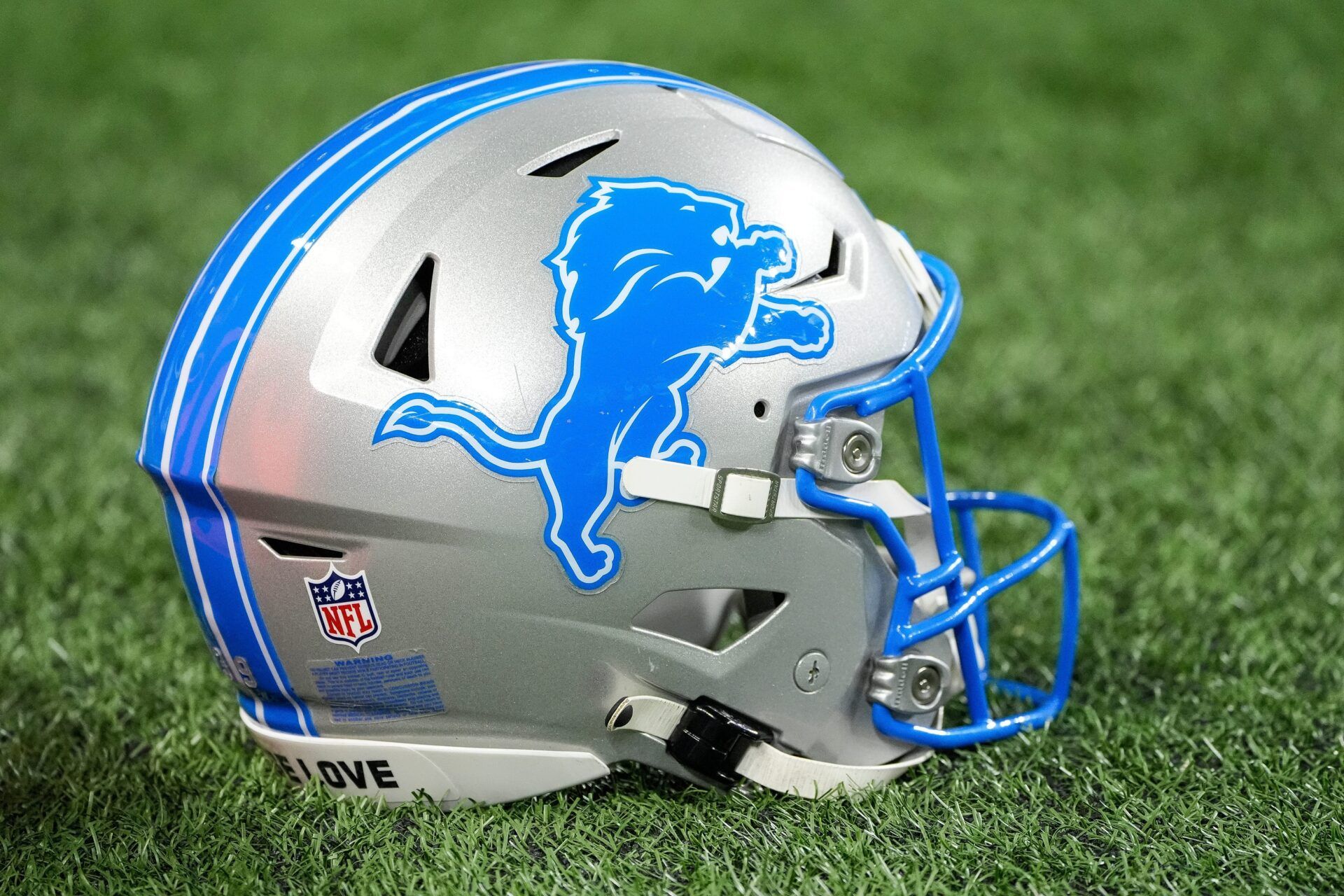 Helmet of Detroit Lions place kicker Jake Bates (not in the photo) before the NFC divisional round between Detroit Lions and Washington Commanders] at Ford Field in Detroit on Saturday, Jan. 18, 2025.