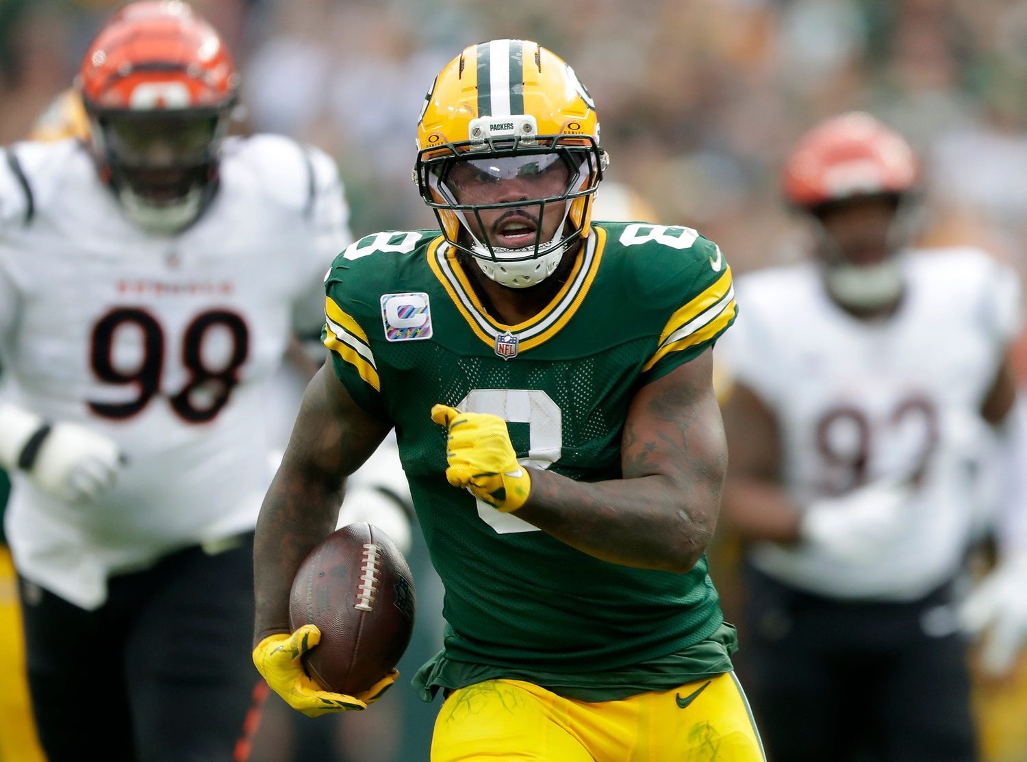 Green Bay Packers running back Josh Jacobs (8) against the Cincinnati Bengals on Sunday, October 12, 2025, at Lambeau Field in Green Bay, Wis.