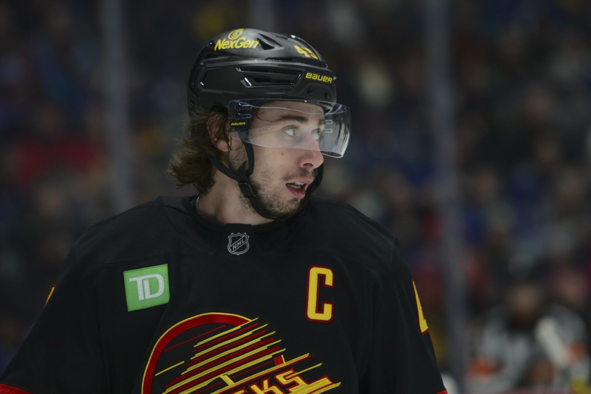 Vancouver Canucks defenseman Quinn Hughes (43) looks on during the second period against the Calgary Flames at Rogers Arena.