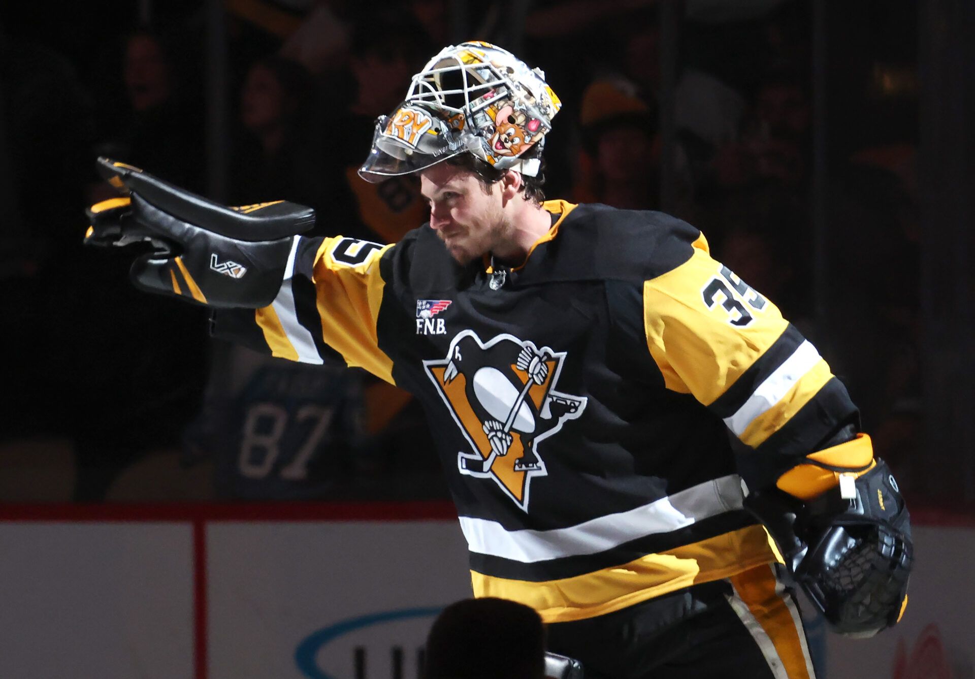 Pittsburgh Penguins goaltender Tristan Jarry (35) reacts after being named a star of the game against the Buffalo Sabres at PPG Paints Arena.