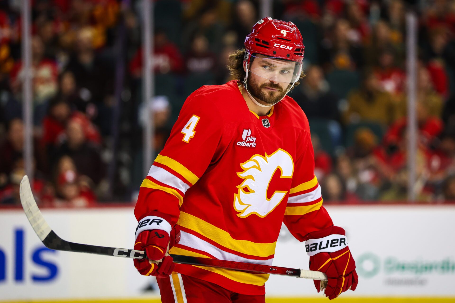 Calgary Flames defenseman Rasmus Andersson (4) against the San Jose Sharks during the second period at Scotiabank Saddledome.