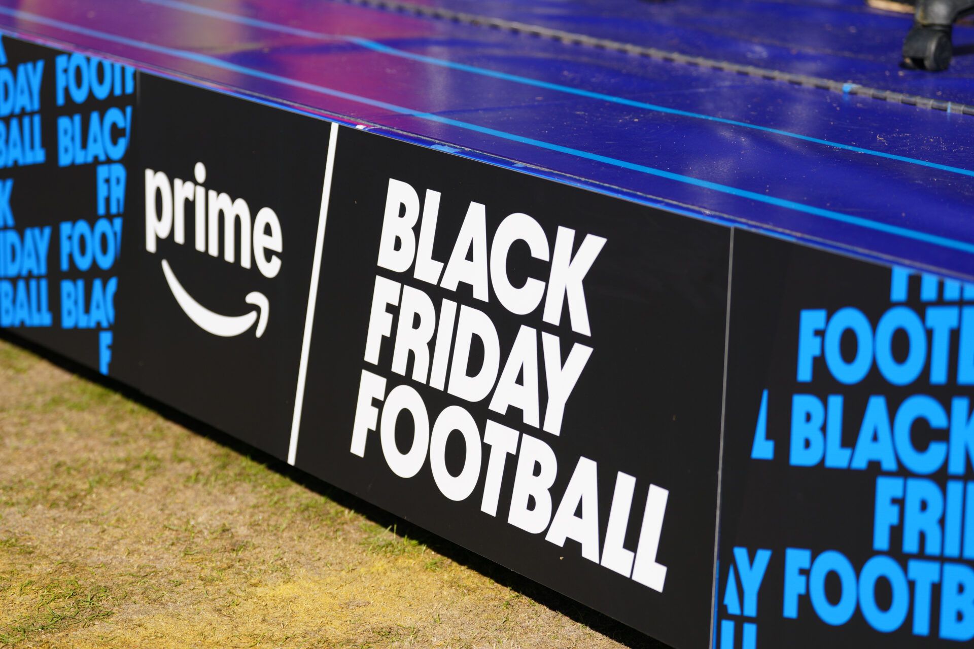 A general view of the Amazon Black Friday logo on stage prior to a game between the Kansas City Chiefs and Las Vegas Raiders at GEHA Field at Arrowhead Stadium.