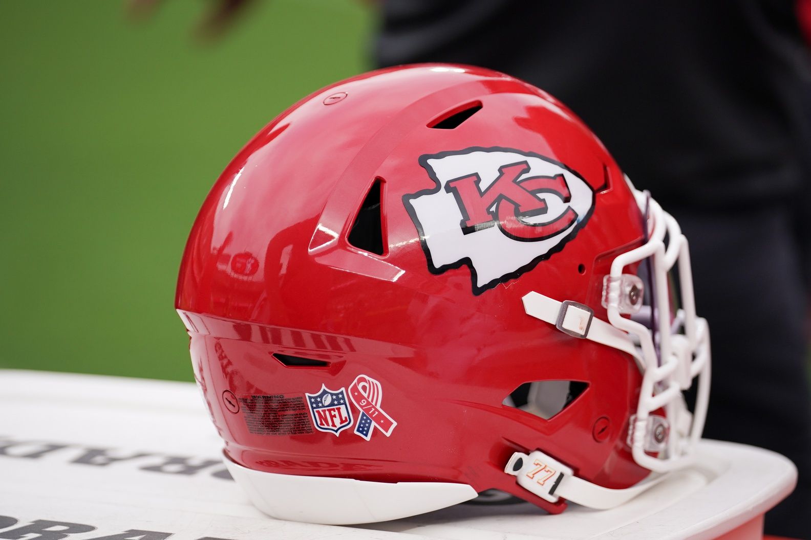 A Kansas City Chiefs helmet is seen during the third quarter of the game between the Kansas City Chiefs and the Philadelphia Eagles at GEHA Field at Arrowhead Stadium.