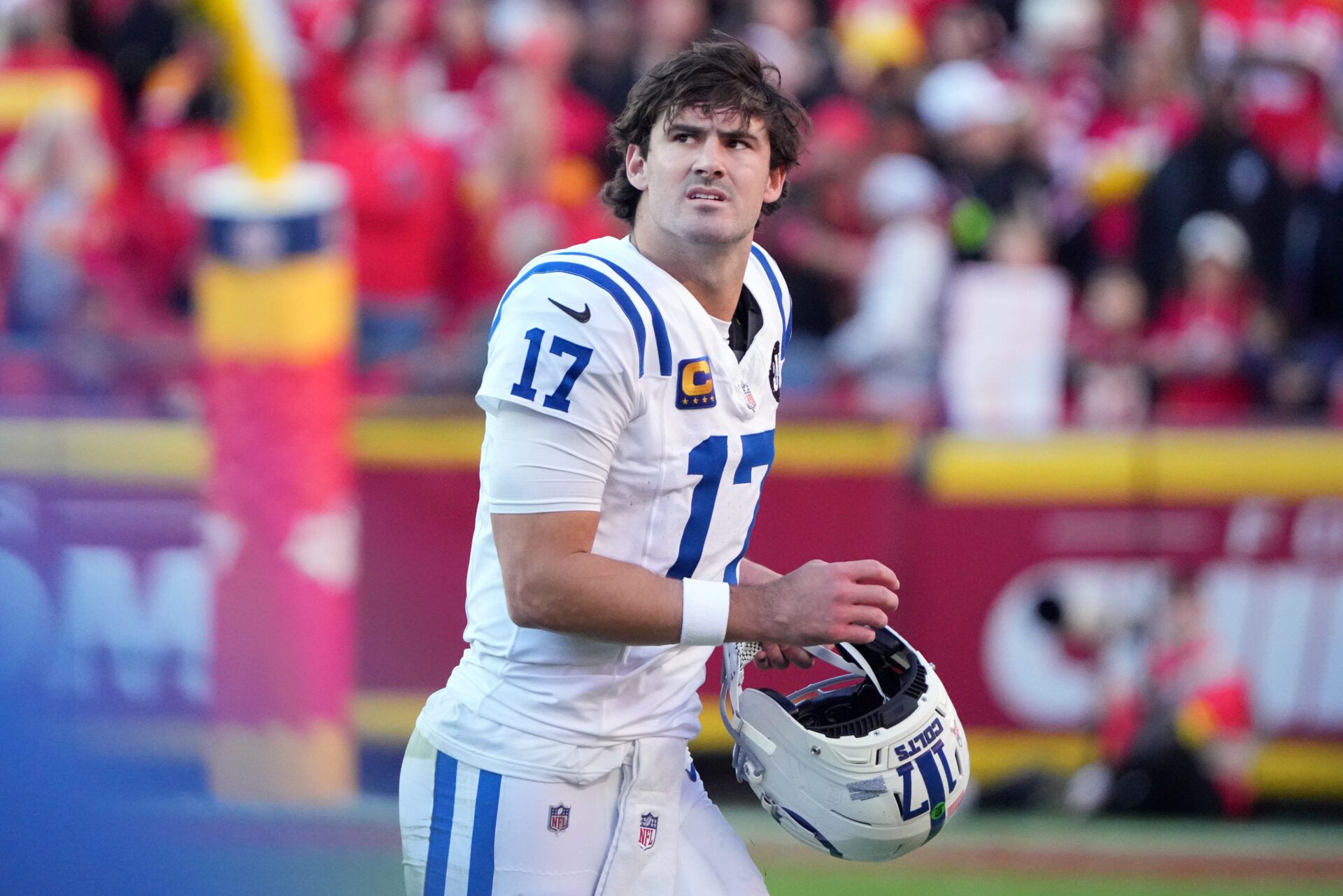 Indianapolis Colts quarterback Daniel Jones (17) looks on in the second half against the Kansas City Chiefs at GEHA Field at Arrowhead Stadium.