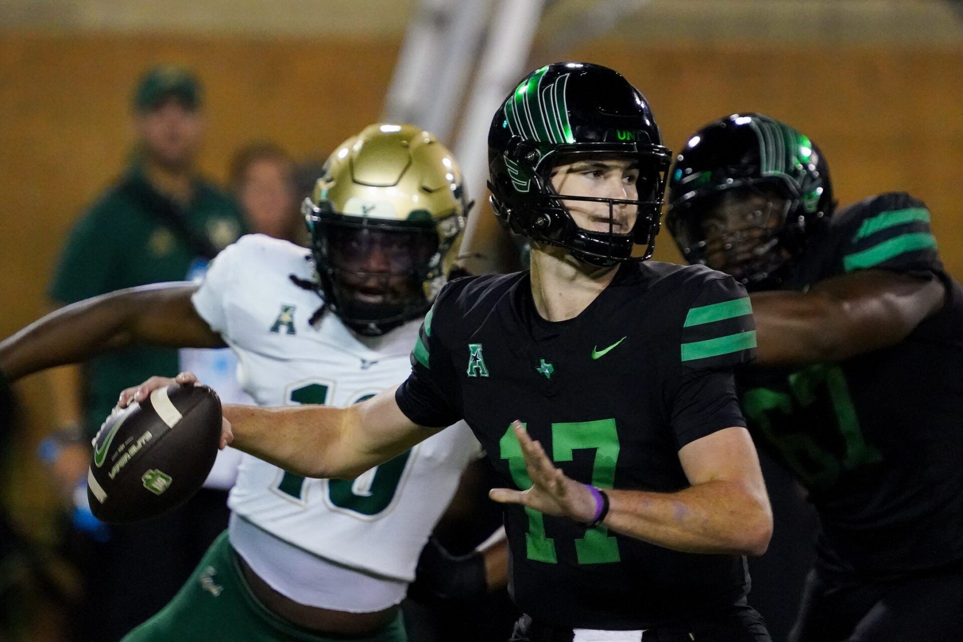 North Texas Mean Green quarterback Drew Mestemaker (17) stands in the pocket against the South Florida Bulls during the second half of a game at DATCU Stadium.