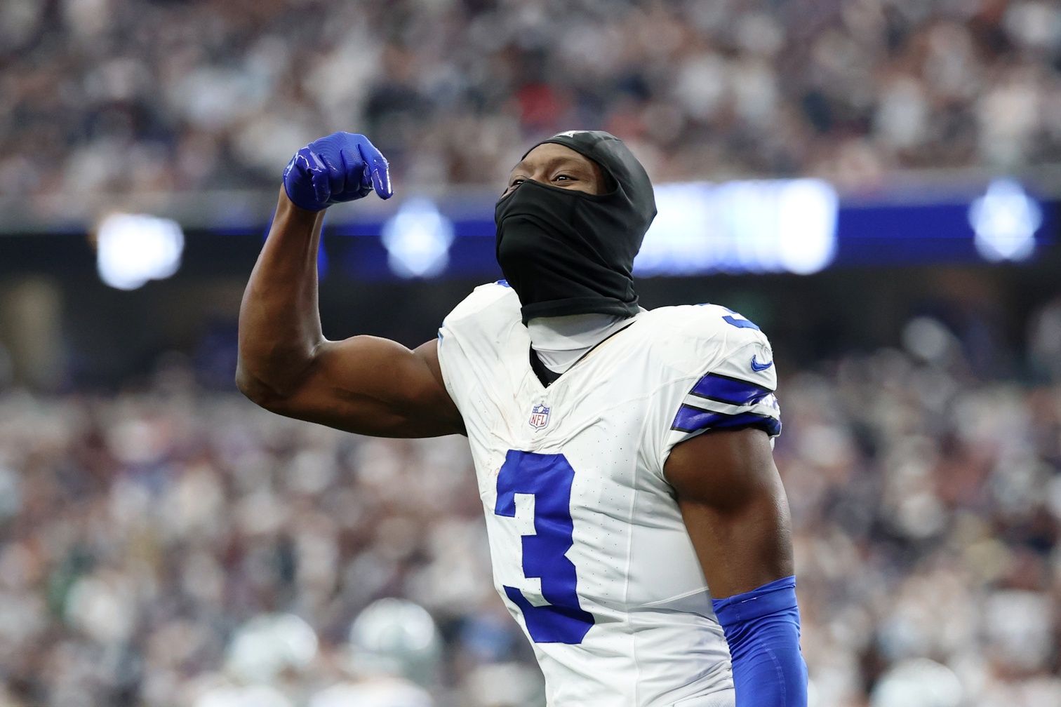 Dallas Cowboys wide receiver George Pickens (3) reacts after a play against the New York Giants during the fourth quarter at AT&T Stadium.