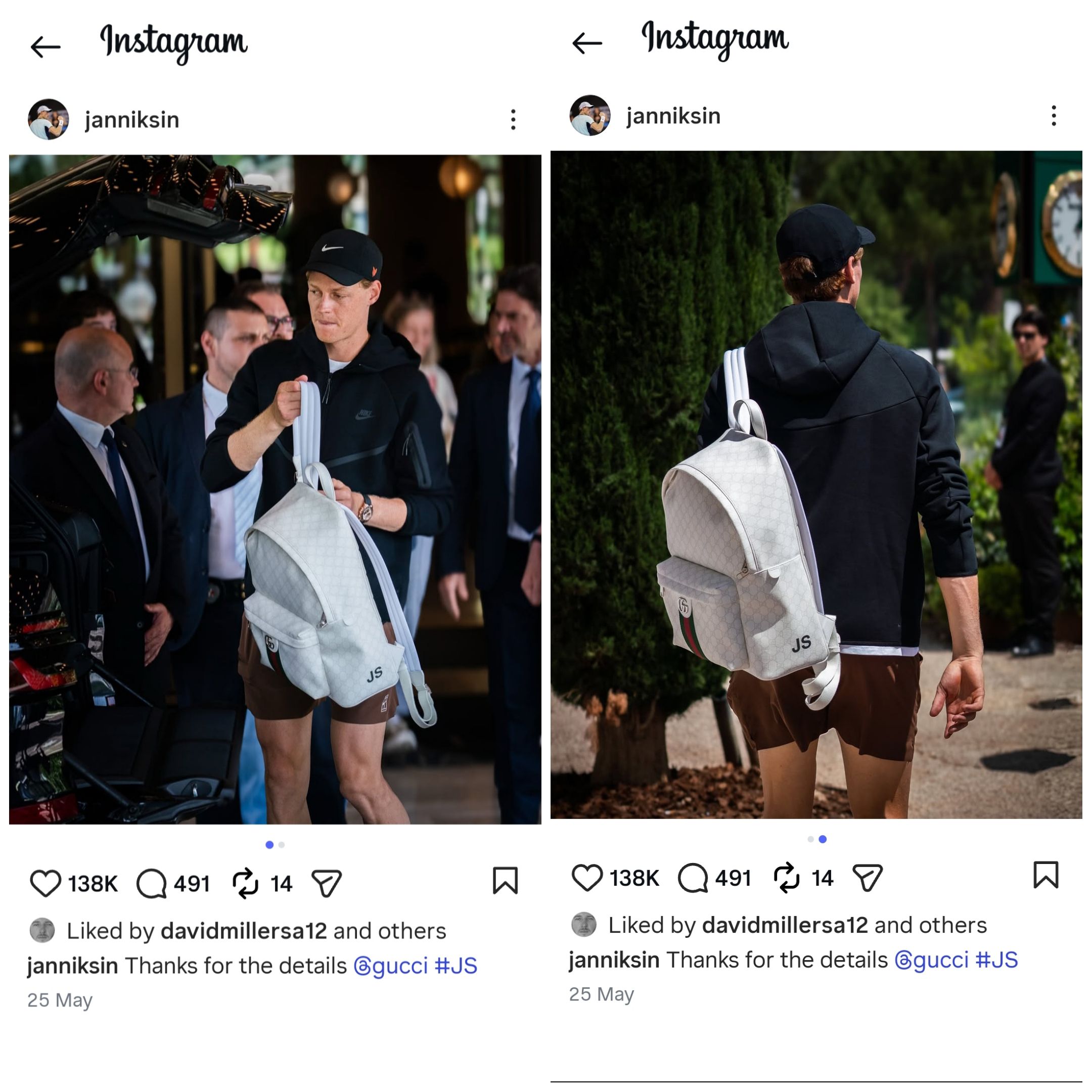 Screen grab of Jannik Sinner with his Gucci backpack