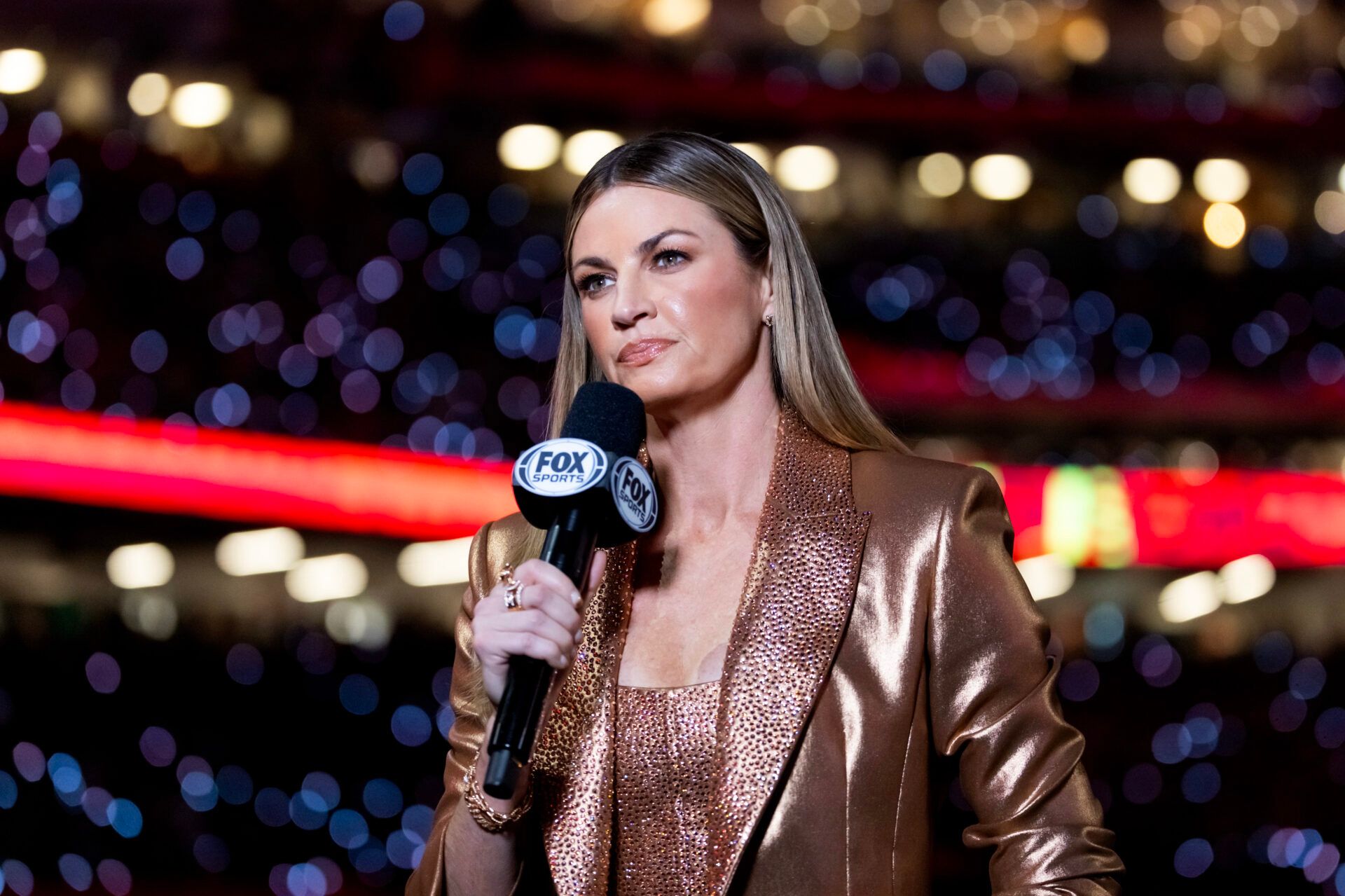 Fox Sports sideline reporter Erin Andrews during the Kansas City Chiefs game against the Philadelphia Eagles in Super Bowl LIX at Ceasars Superdome.