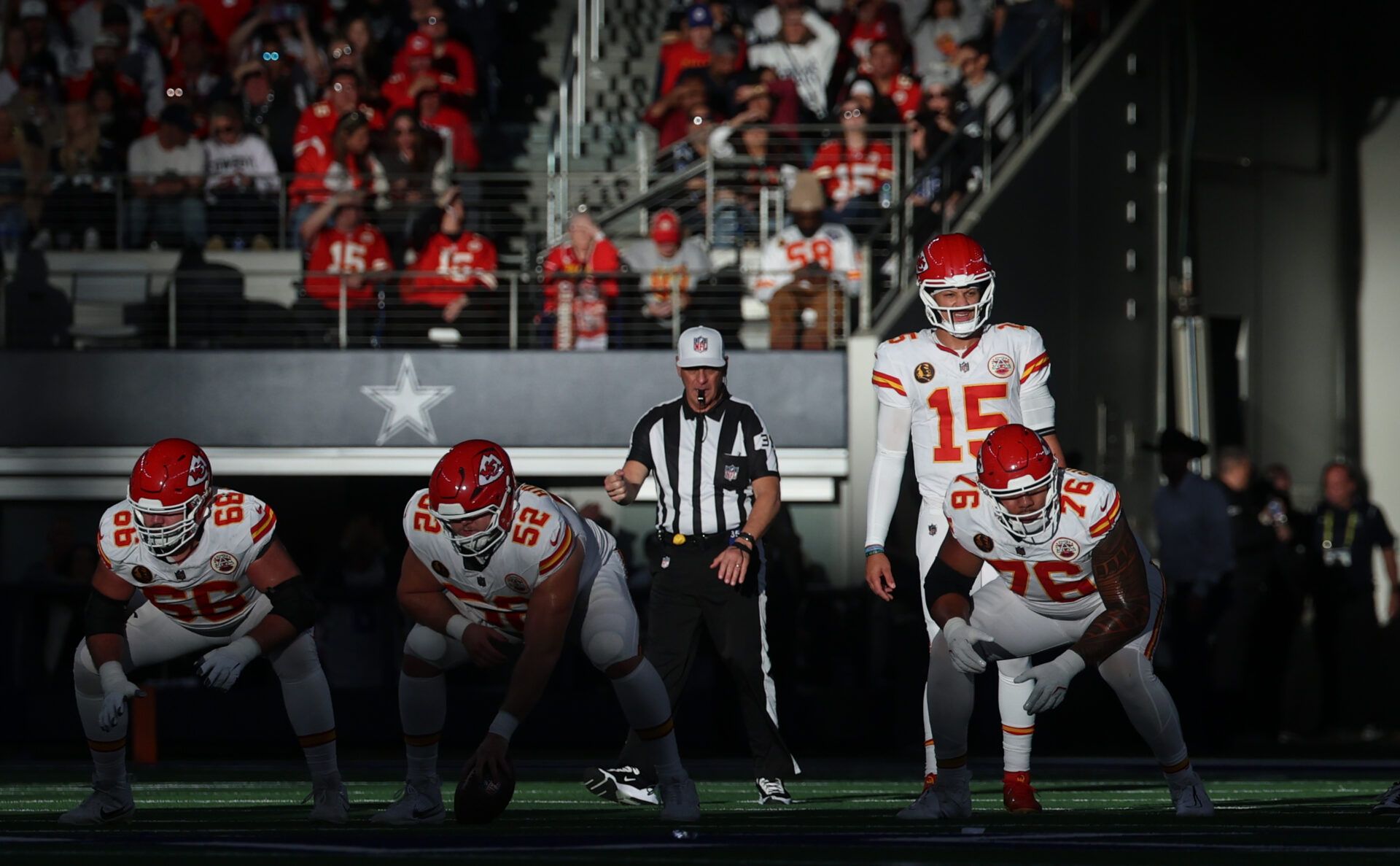 Kansas City Chiefs quarterback Patrick Mahomes (15) waits for the snap against the Dallas Cowboys during the second quarter at AT&T Stadium.
