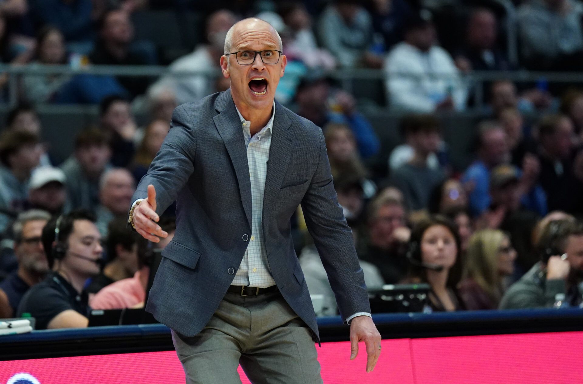 UConn Huskies head coach Dan Hurley watches from the sideline as they take on the Bryant Bulldogs at Peoples Bank Arena.
