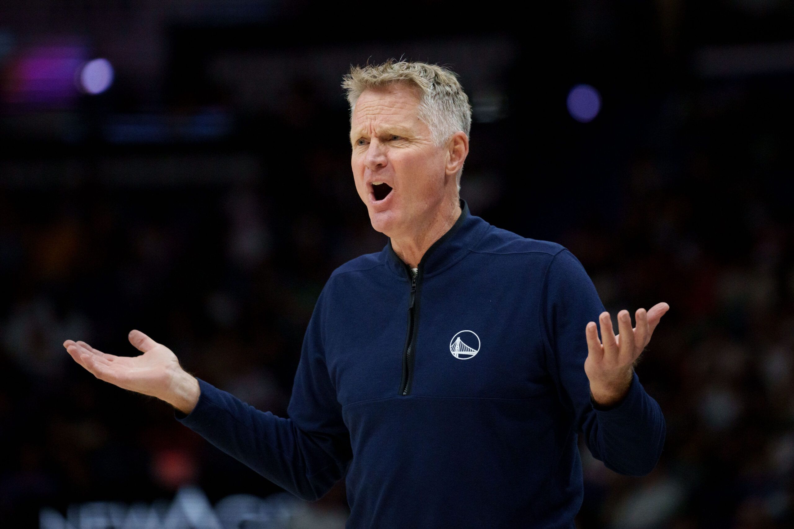 Golden State Warriors head coach Steve Kerr reacts during the first half against the New Orleans Pelicans at Smoothie King Center.