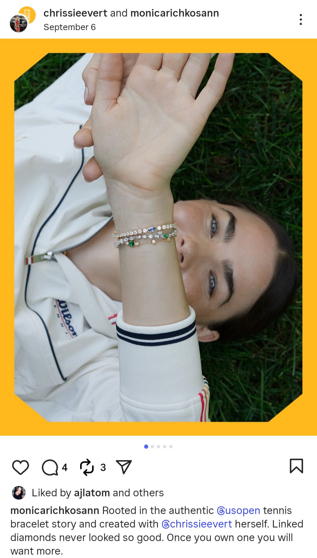 Screen grab of Chris Evert in Monica Rich Kosann Jewelry