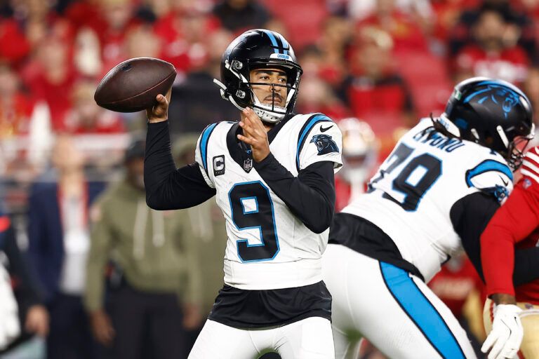 Carolina Panthers quarterback Bryce Young (9) drops back to pass against the San Francisco 49ers during the first half at Levi's Stadium.
