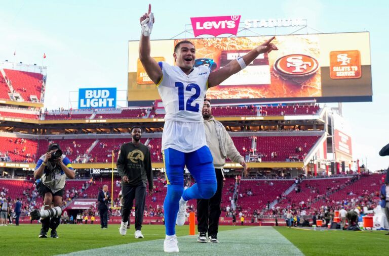 Los Angeles Rams wide receiver Puka Nacua (12) celebrates after the game against the San Francisco 49ers at Levi's Stadium.