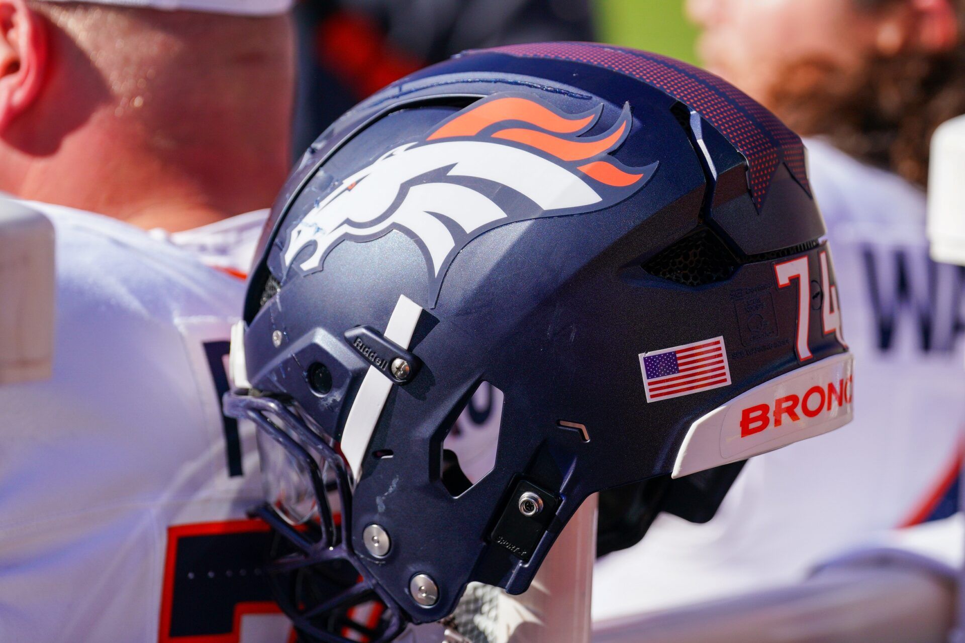 A general view of a Denver Broncos helmet against the Kansas City Chiefs during the first half at GEHA Field at Arrowhead Stadium.
