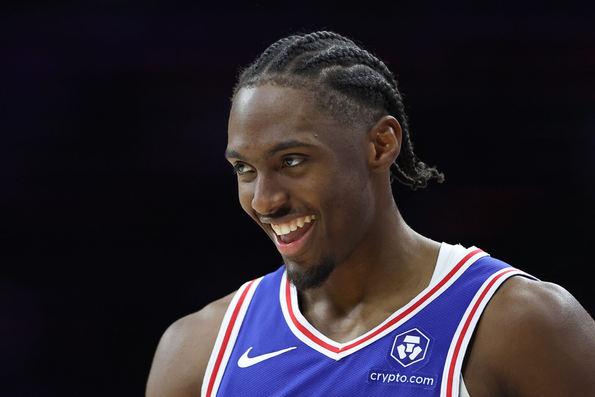 Philadelphia 76ers guard Tyrese Maxey (0) reacts during the third quarter against the Chicago Bulls at Wells Fargo Center.