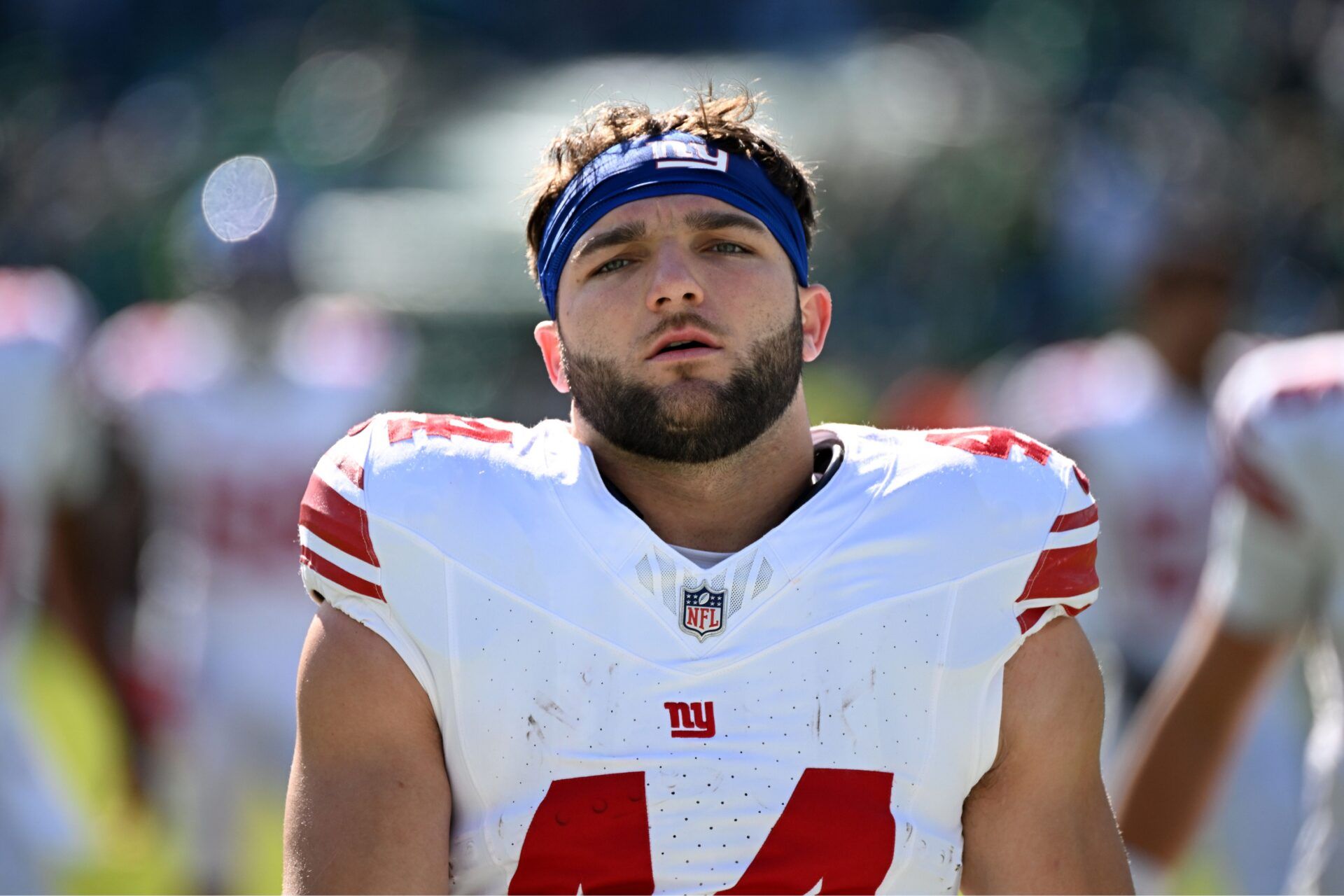 New York Giants running back Cam Skattebo (44) looks on before the game against the Philadelphia Eagles at Lincoln Financial Field.