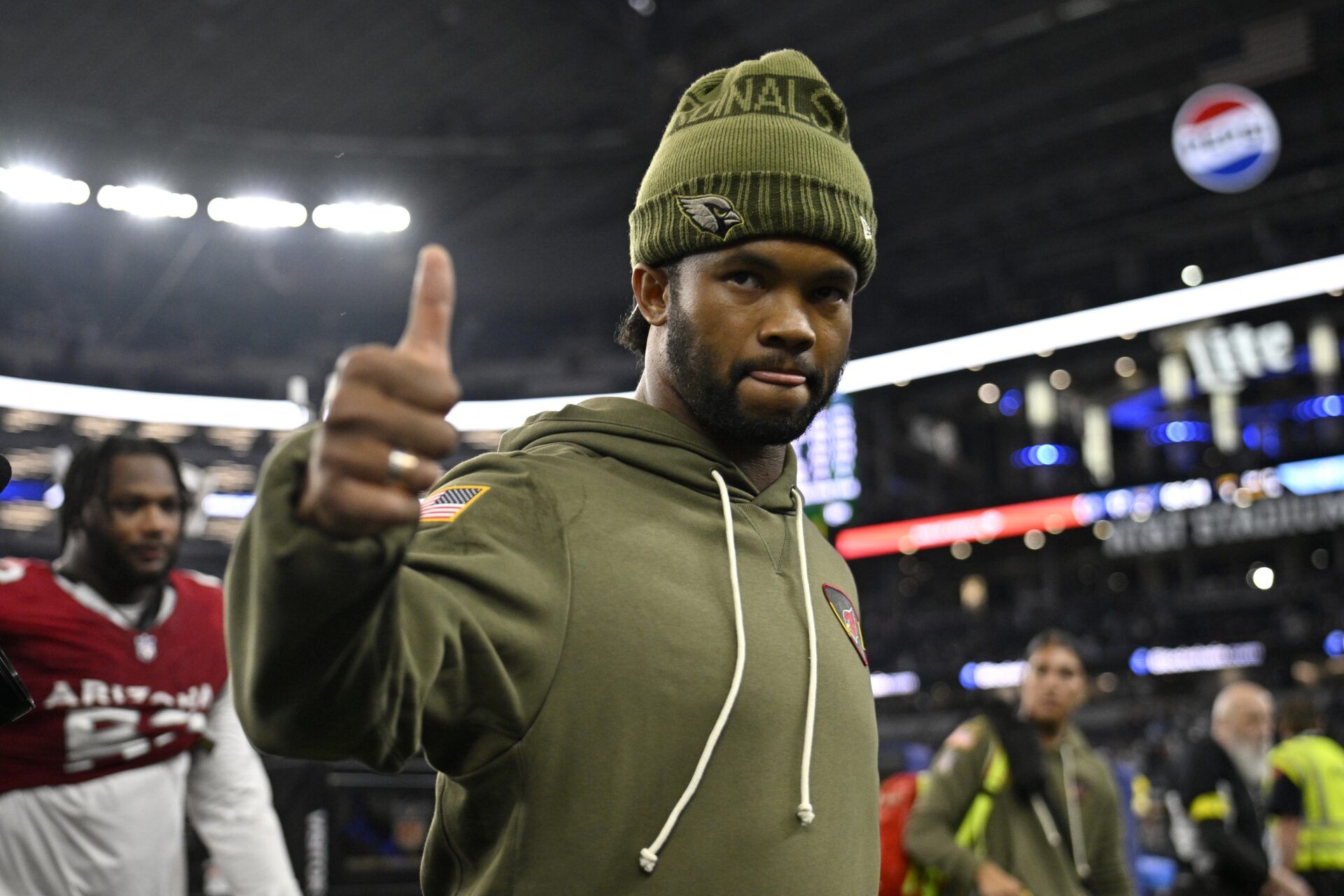Arizona Cardinals quarterback Kyler Murray (1) leaves the field after defeating the Dallas Cowboys at AT&T Stadium.