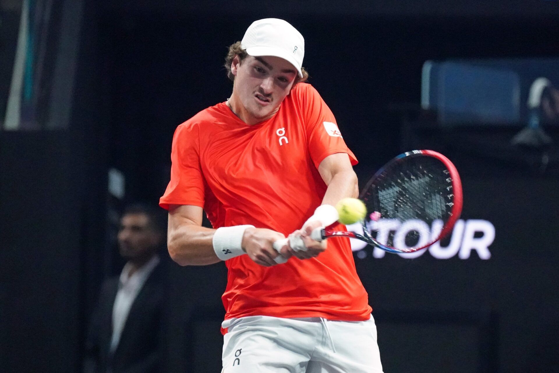 Team World player Joao Fonseca hits a backhand during his match against Team Europe player Flavio Cobolli at the Laver Cup at Chase Center.