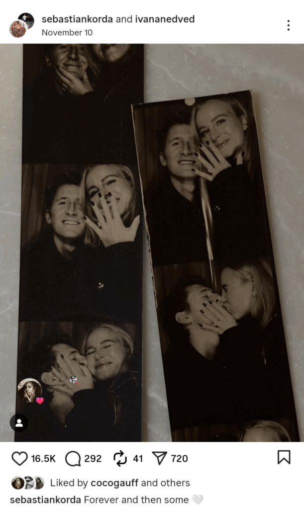 Sebastian Korda pictured with fiancée Ivana Nedvěd