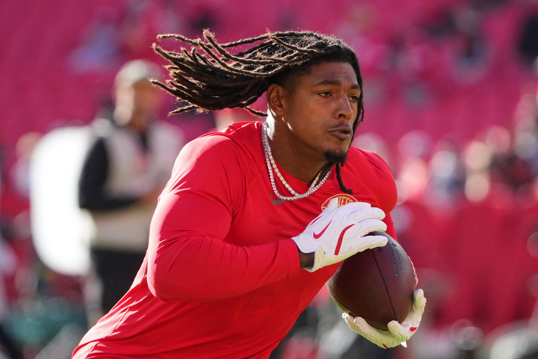 Kansas City Chiefs running back Isiah Pacheco (10) warms up prior to the game against the Las Vegas Raiders at GEHA Field at Arrowhead Stadium.