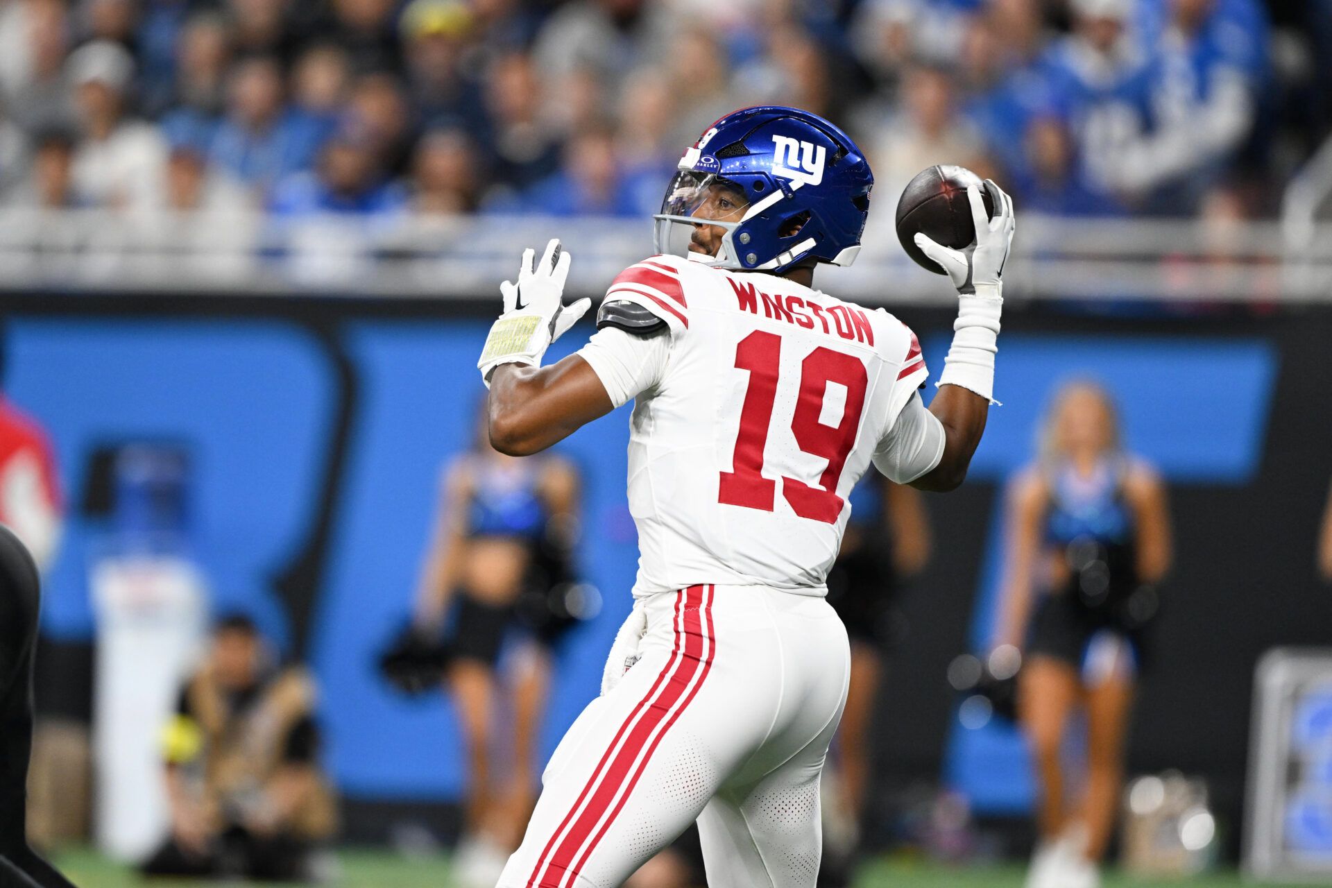 New York Giants quarterback Jameis Winston (19) throws a pass in the second quarter against the Detroit Lions at Ford Field.