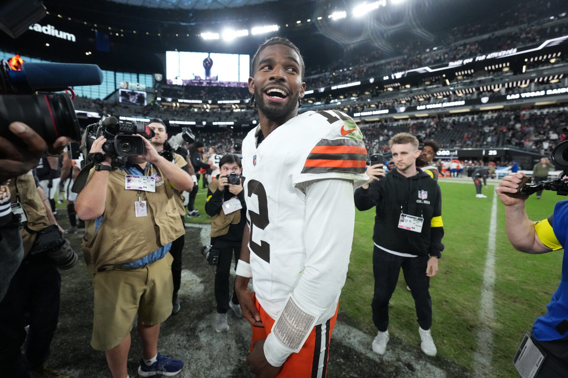 Cleveland Browns quarterback Shedeur Sanders (12) reacts after the game against the Las Vegas Raiders at Allegiant Stadium.