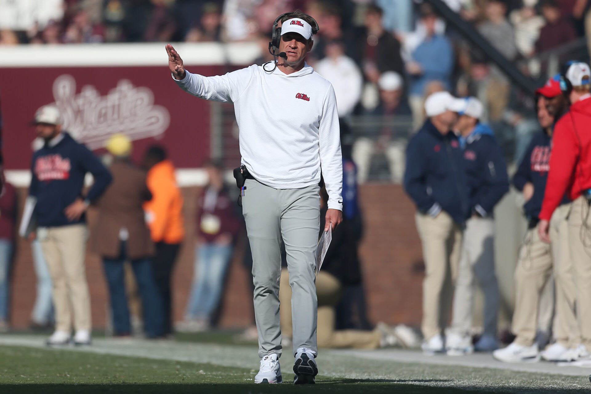 Mississippi Rebels head coach Lane Kiffin looks on in the second half against the Mississippi State Bulldogs at Davis Wade Stadium at Scott Field.