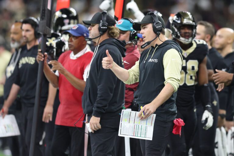 New Orleans Saints head coach Kellen Moore reacts on the sidelines during the second half against the Atlanta Falcons at Caesars Superdome.