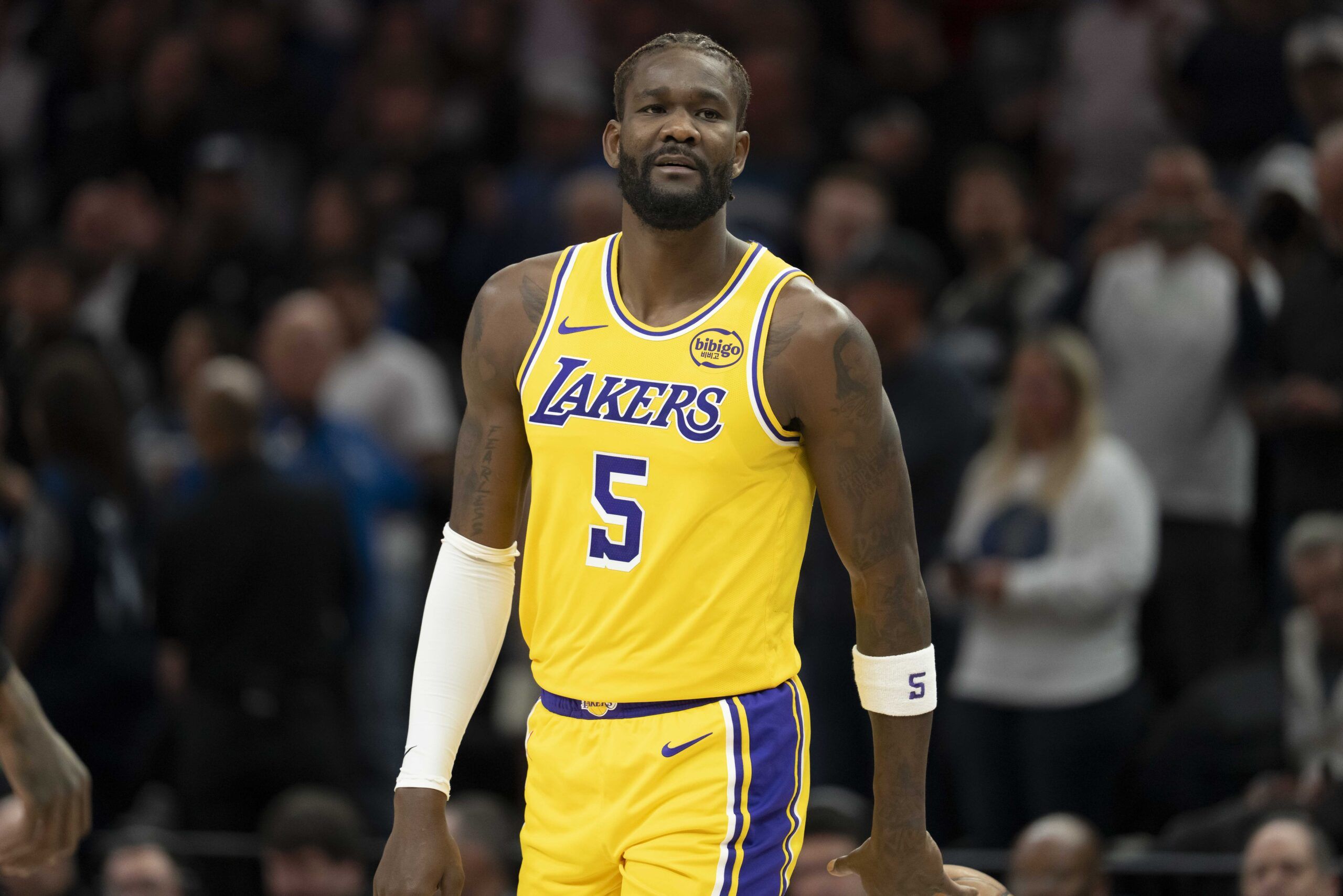 Los Angeles Lakers center Deandre Ayton (5) looks on against the Minnesota Timberwolves in the first half at Target Center.