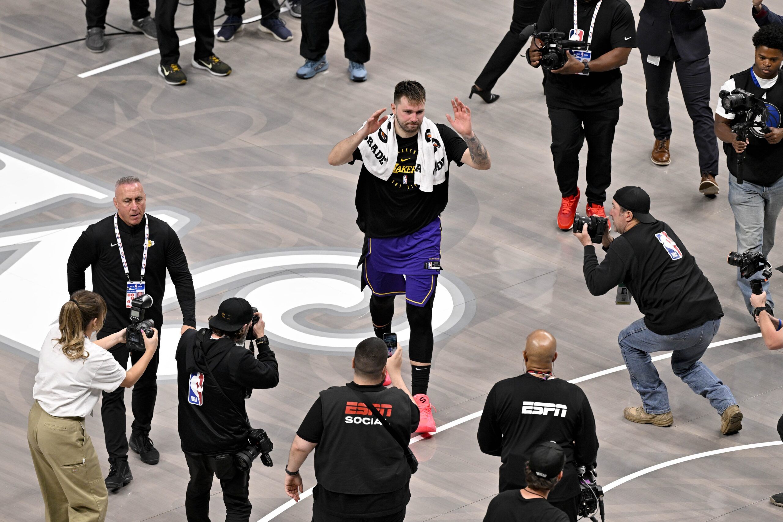 Los Angeles Lakers guard Luka Doncic (77) walks off the court after the game against the Dallas Mavericks at the American Airlines Center.