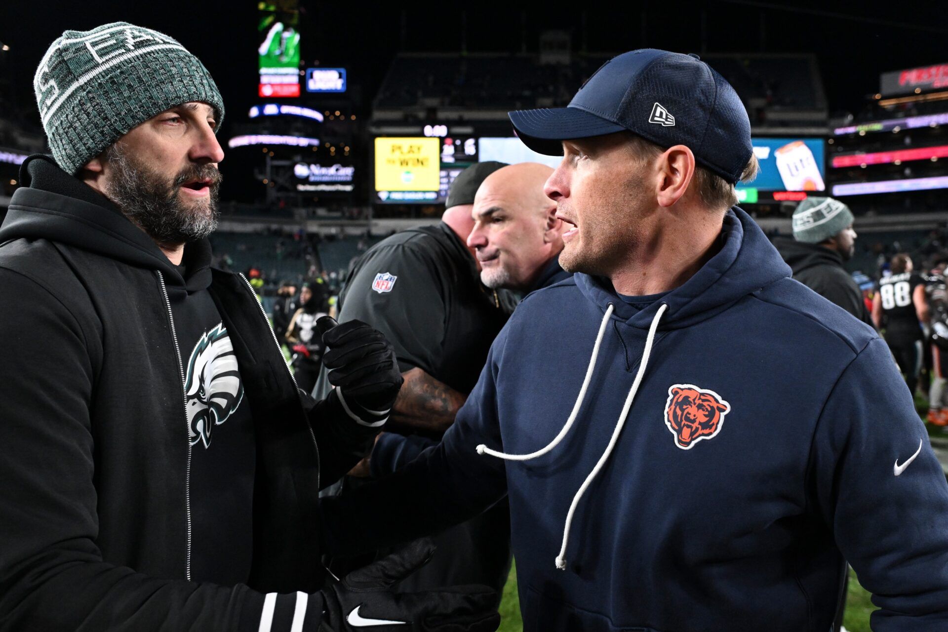 Philadelphia Eagles head coach Nick Sirianni speaks with Chicago Bears head coach Ben Johnson after the game at Lincoln Financial Field.